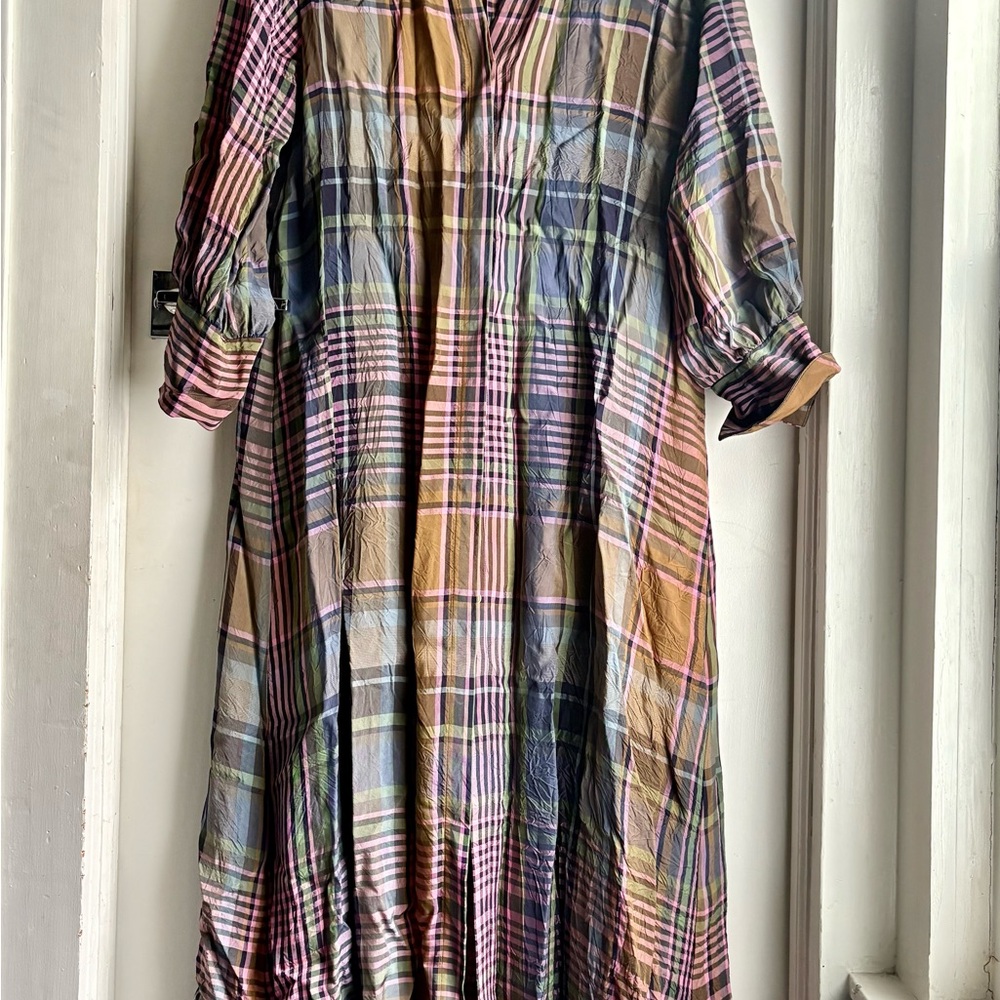 Zara Pink and Blue Smocked Plaid Sundress with Mandarin Collar